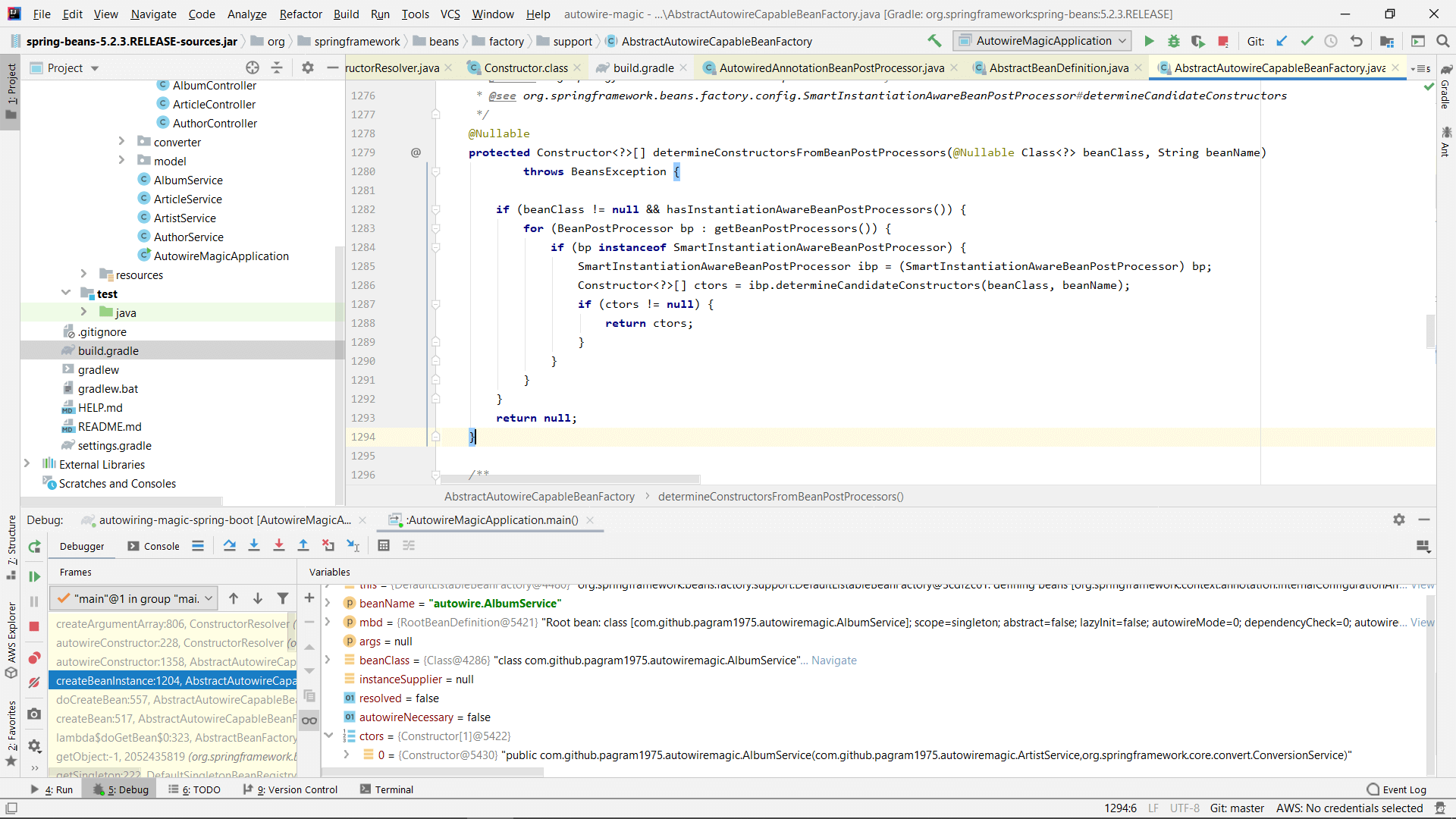 Debugging Spring in IntelliJ Idea to see the code for the determineConstructorsFromBeanPostProcessors method